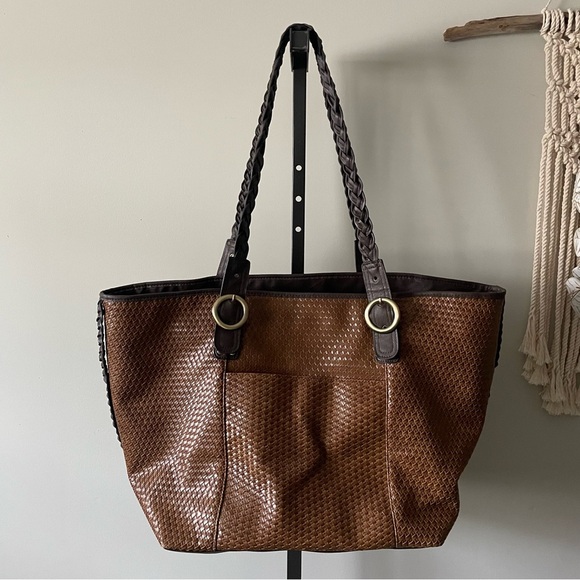 Bueno Handbags - Bueno Large Woven Braided Boho Tote Bag XL Purse Brown Cognac Vegan Faux Leather